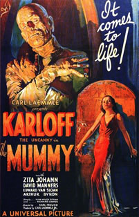 This 1932 movie poster for the cinema film The Mummy sold at sotherby's auction in 1997 for $453,500 and is one of the most highly valued movie posters of all time.The film was produced by Universal Pictures and cost $196,000 its release date was December 22, 1932. The poster design is typical of the artist Karoly Grosz who designed many of Universal's horror movie posters, including Dracula 1931 and Frankenstein 1931.